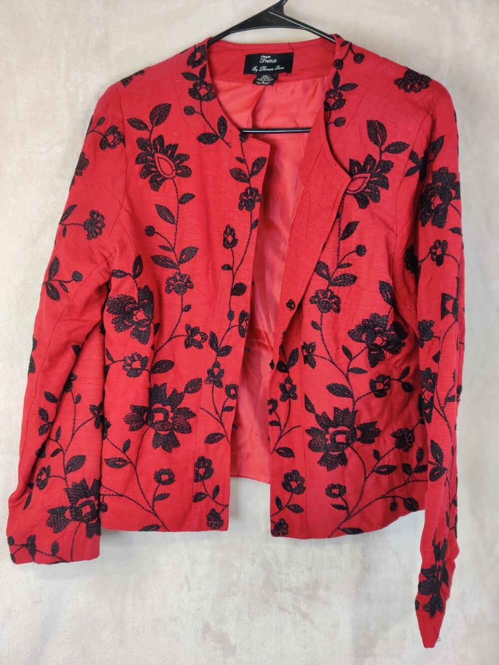 Trenz by Theresa Renx Women's Red Black Floral 95% Silk Blazer Jacket Size Large